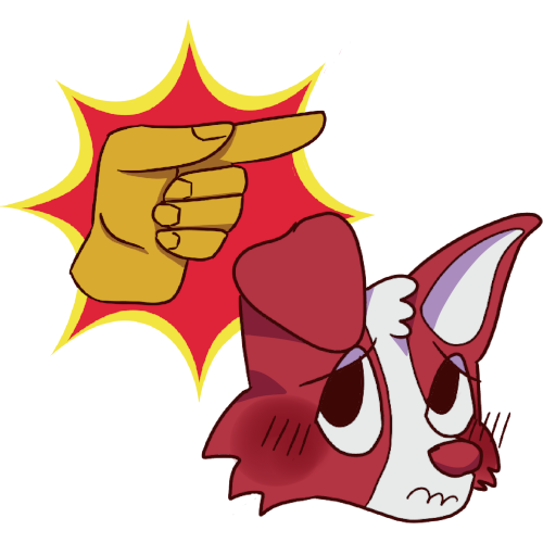 a yellow hand pointing to the right on top of a spiky red and yellow shape next to a red dog looking embarrassed.